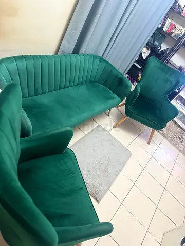 Green Velvet 3-Seater Sofa with Accent Chairs - Good Condition