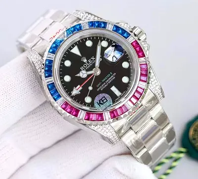 Rolex GMT-Master II style stainless steel Master Copy watch with blue and pink gemstone bezel