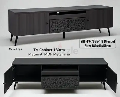 Wenge 180cm TV Cabinet with Decorative Drawer — MDF Melamine, Metal Legs