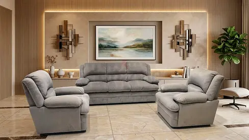 Grey 3-Seater Sofa Set with Two Armchairs - Comfortable Plush Upholstery