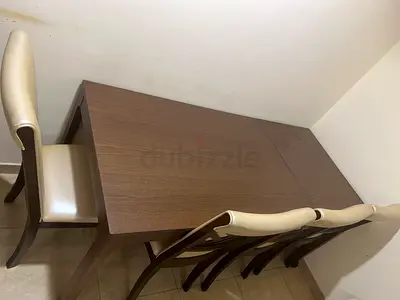 Wooden Dining Table with 4 Cream Upholstered Chairs