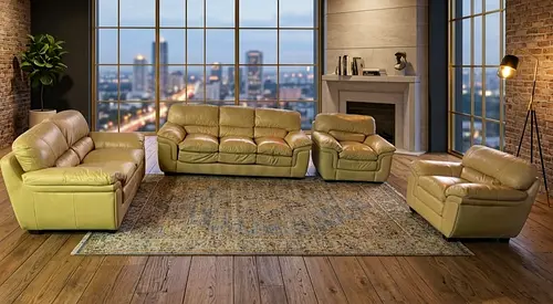 5-piece beige Leather Sofa Set — 3-Seater, 2-Seater, Armchair and Ottoman