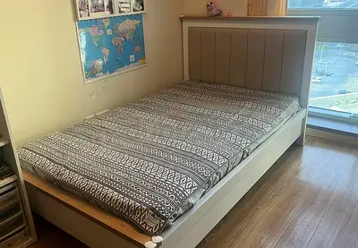 Single Bed Frame with Padded Headboard — Light Beige/white from Pan Emirates, Good Condition