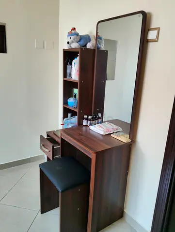 Wooden Dressing Table with Mirror and Stool - Dark Brown