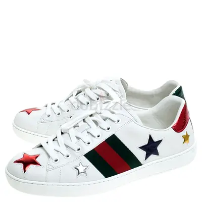 Authentic Gucci White Leather Ace Metallic Stars Low Top Sneakers Size 41
