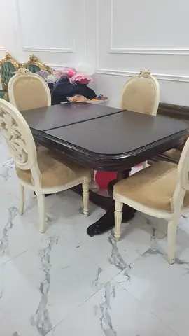 Wooden Dining Table with 4 Upholstered Chairs - Classic Cream and Dark Top