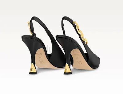 Black Leather Slingback Heels with Gold Chain Detail (Womens) - Size 40