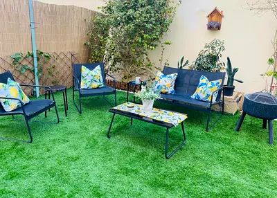 Outdoor Patio Seating Set - 4 Chairs, 1 Loveseat  Coffee Table (Black Frame)