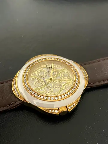 Womens Gold-Tone Watch with Crystal Bezel and Brown Leather Strap
