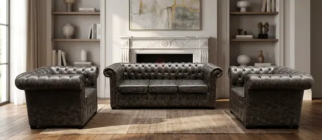 Genuine Leather Chesterfield 3-Seater Sofa with Two Armchairs - Classic Dark Brown