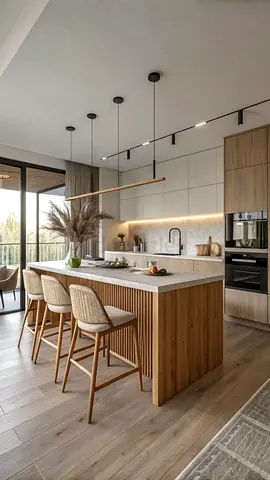 Modern Wooden Kitchen Island with Bar Stools and Pendant Lighting