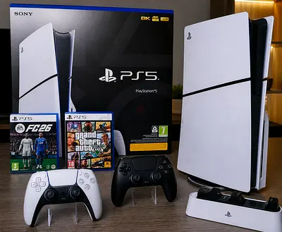 Sony PlayStation 5  slim disc with 2 Controllers, Charging Dock and 2 Games (GTA V, FC 26)