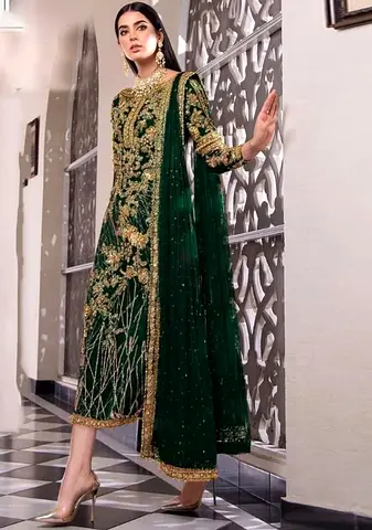 Dark Green Embroidered Pakistani/Indian Formal Dress with Dupatta - Size XS/S