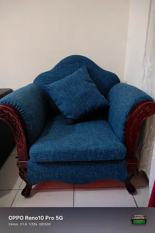Price reduced Blue 5-Seater Fabric Sofa with Cushions - plus free center table and 4 wooden chair.