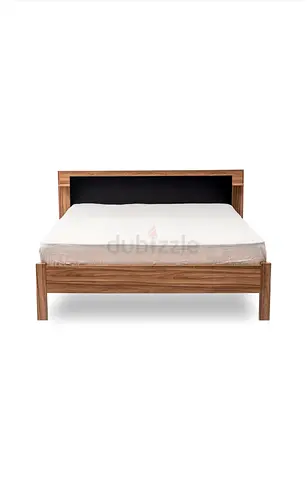 Solid Wood Double Bed Frame with Headboard — Light Walnut Finish with