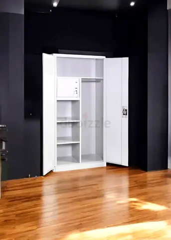 White Metal Wardrobe with Shelves and Hanging Rail - Good Condition