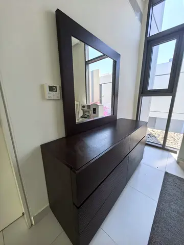 Dark Wood Six-Drawer Dresser with Large Mirror - Good Condition