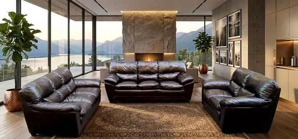 Genuine Leather 3-Seater Sofa + 2 Matching Loveseats - Dark Brown Set