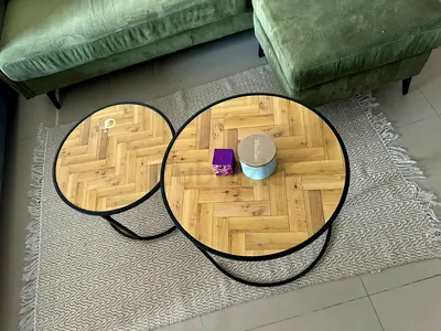 Set of 3 Nesting Round Coffee Tables with Wood-Patterned Tops