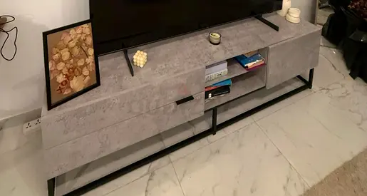 Concrete-effect TV Unit / Entertainment Cabinet with Metal Legs - Good Condition