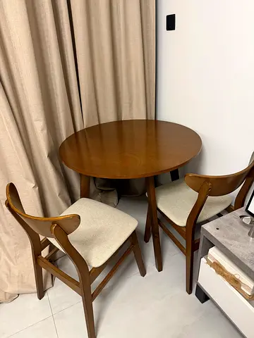 Solid Wood Round Dining Table with 2 Matching Chairs - Midcentury Style