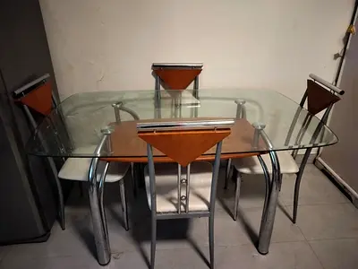 Glass Top Dining Table with 4 Chairs - Modern Metal Frame