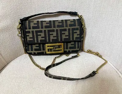 Brown Fendi Zucca Print mini Baguette Shoulder Bag with Chain Strap