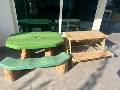 Outdoor Green Picnic Table with Bench + Rattan Two-Tier Side Table (Used)