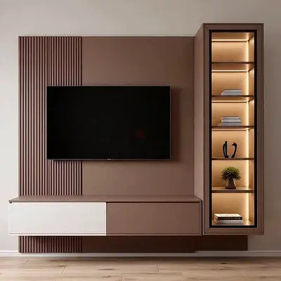 Modern wall-mounted entertainment TV unit with display cabinet