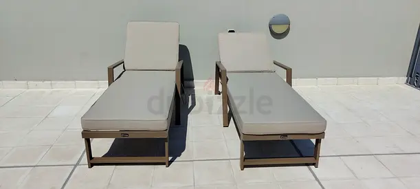 Pair of outdoor sun loungers with cushions - good condition