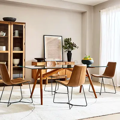 West Elm - Jensen 6 Person Tempered Glass Dining Table - Solid Wood Eucalyptus Legs