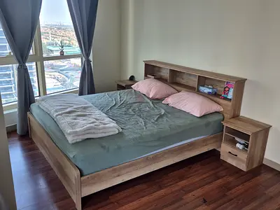 Wooden Queen Bed Frame with Headboard Storage and Matching Nightstands with memory form mattress