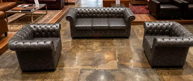 Dark Gray Chesterfield 3-Seater Sofa with Two Matching Armchairs - Leather Effect