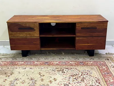 Solid Wood TV Cabinet / Entertainment Unit - 4 Drawers, Open Shelves