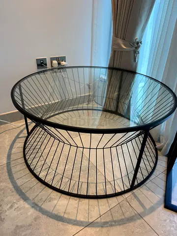 Modern Glass Coffee Table + Matching Side Table – Black Metal Frame