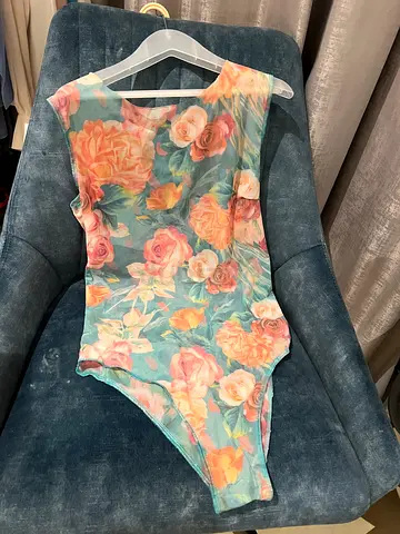 Floral sleeveless tan through bodysuit swimsuit - size XS / S