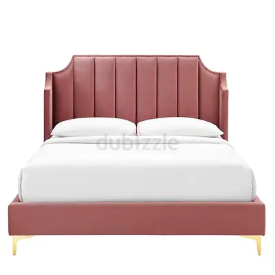 Pink Upholstered Double Bed with Padded Headboard