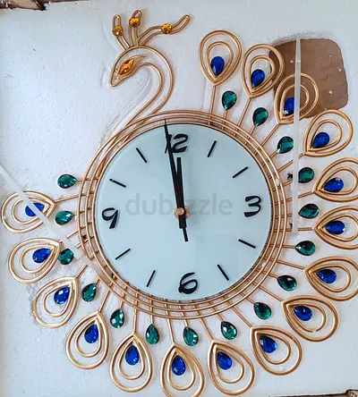Decorative Peacock Wall Clock - Gold Frame with Blue  Green Gems