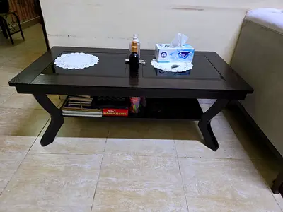 Dark Wood Glass-Top Coffee Table with Lower Shelf - Good Condition
