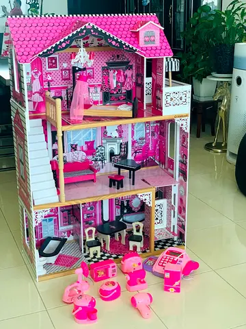 Large 3-Storey Pink Wooden Dollhouse with Furniture and added Accessories