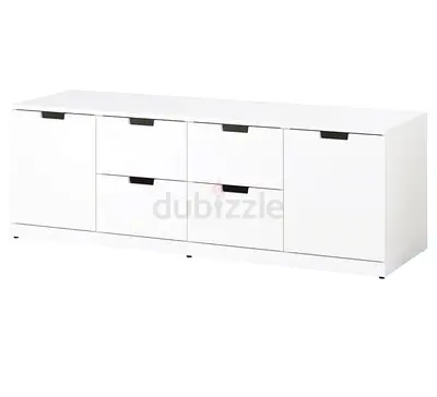 White Low Storage Cabinet with Drawers and Doors