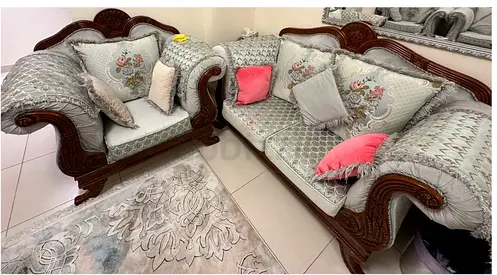Classic carved wooden 3-seater + 2-seater + 2 single armchair set with cushions  coffee table