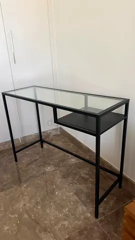 IKEA VITTSJÖ desk. Slim Glass Top Desk with Black Metal Frame and Shelf