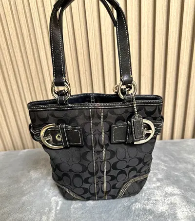 Vintage Coach SOHO Signature Black Canvas Bucket Tote with Leather Trim