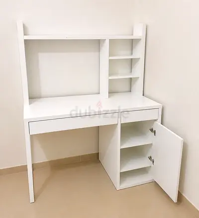 White Study Desk with Shelves and Cabinet - Compact Home Office Table, kids Table