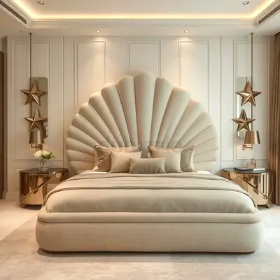 Modern upholstered shell-head king bed with padded frame