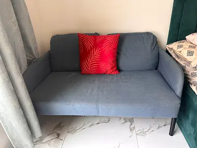 Spacious 2-Seater Blue Fabric Sofa - Good Condition