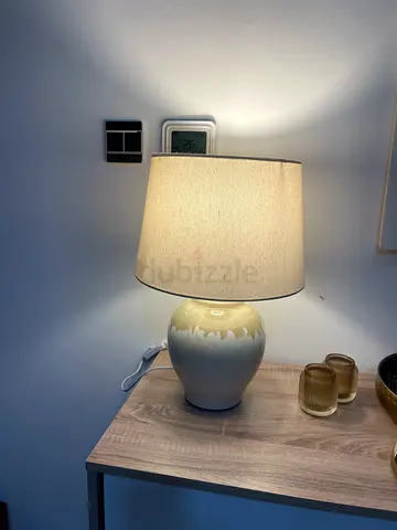 Ceramic Table Lamp with Fabric Shade - Beige/Light Wood Base