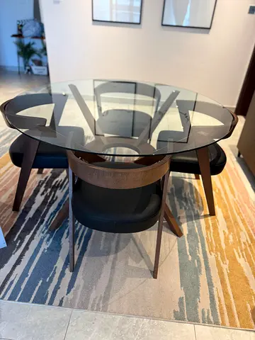 Modern Glass Dining Table with Solid Wood Base + 4 Chairs