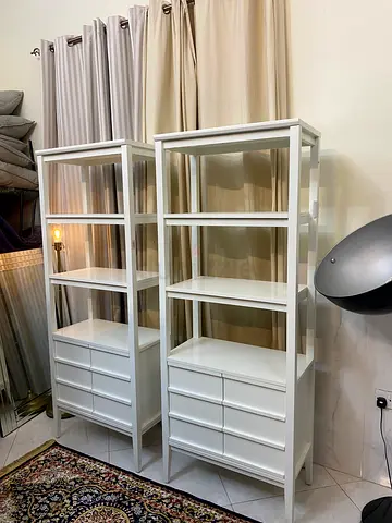 Pair of white shelving units with drawers - good condition